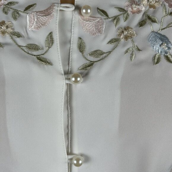 Vintage Liz Baker 80s White Short Sleeve Blouse Top Pearl Buttons 8 Medium - Picture 3 of 6